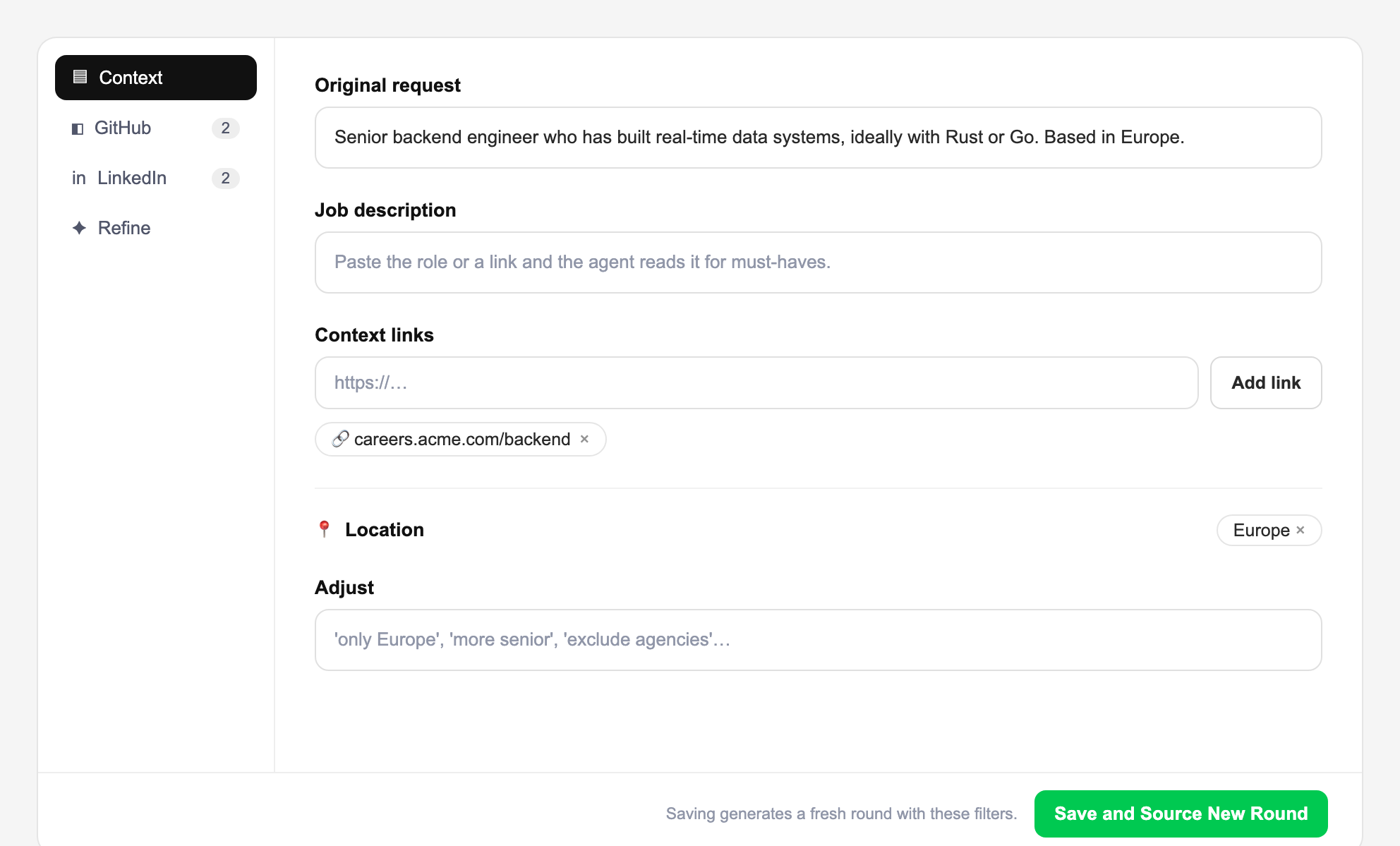 The Context tab with Original request, Job description, Context links, and Location