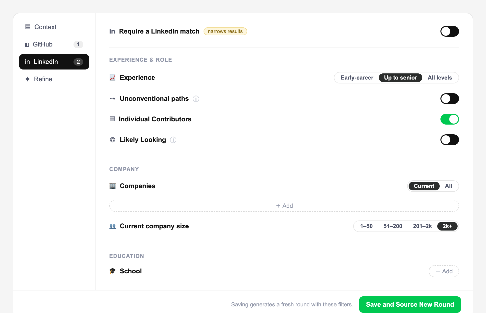 The LinkedIn tab with experience, role, company, and education filters