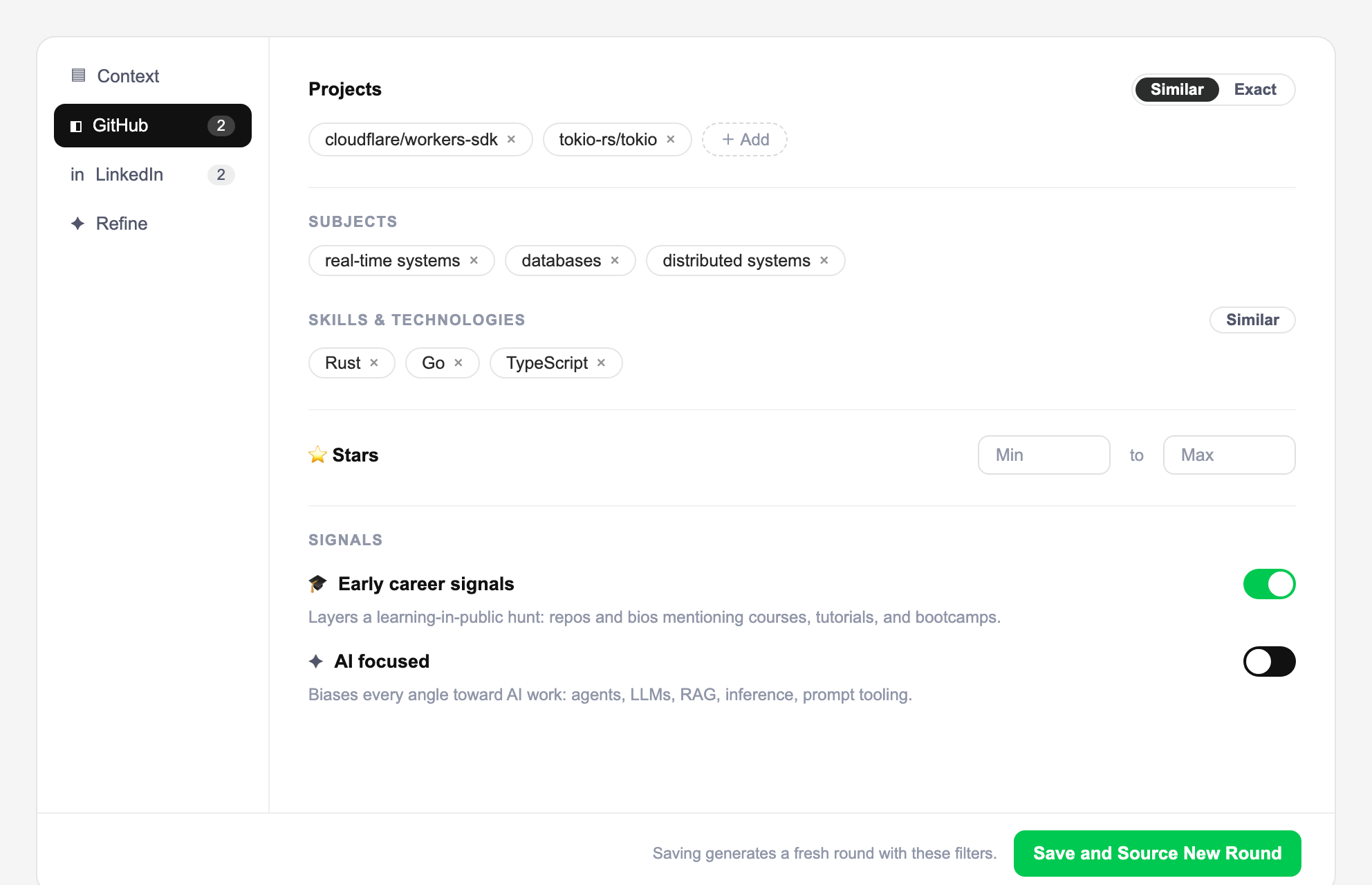 The GitHub tab with Subjects, Skills, Projects, Stars, and Early career and AI signals