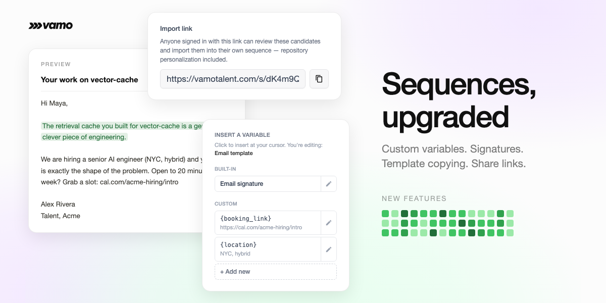 Sequences get custom variables, signatures, template copying, and share links